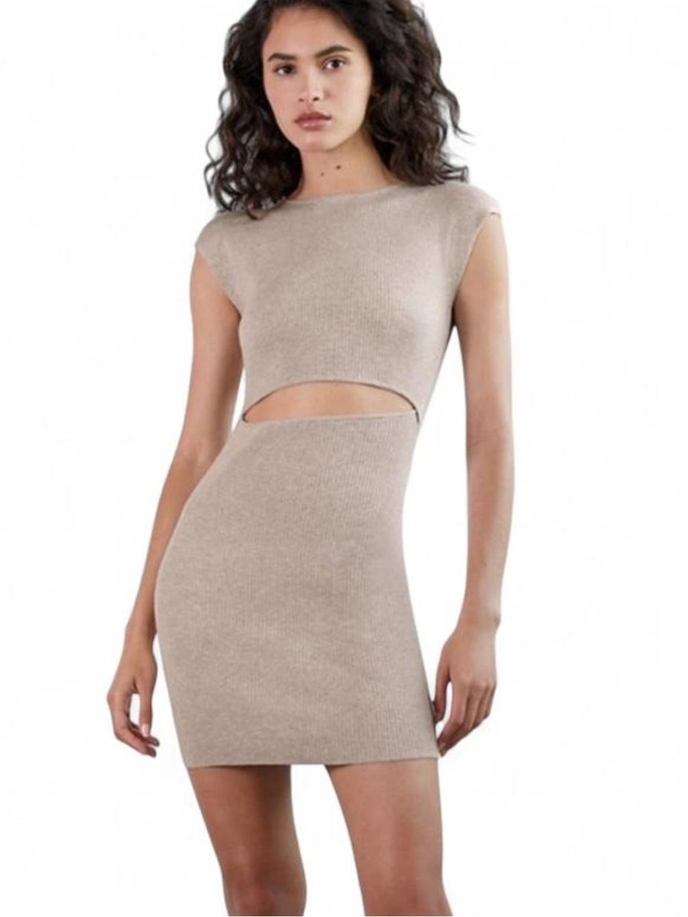 Aritzia Wilfred Free Scandi Ribbed Cut-Out Bodycon Mini Dress Buttercream NWOT